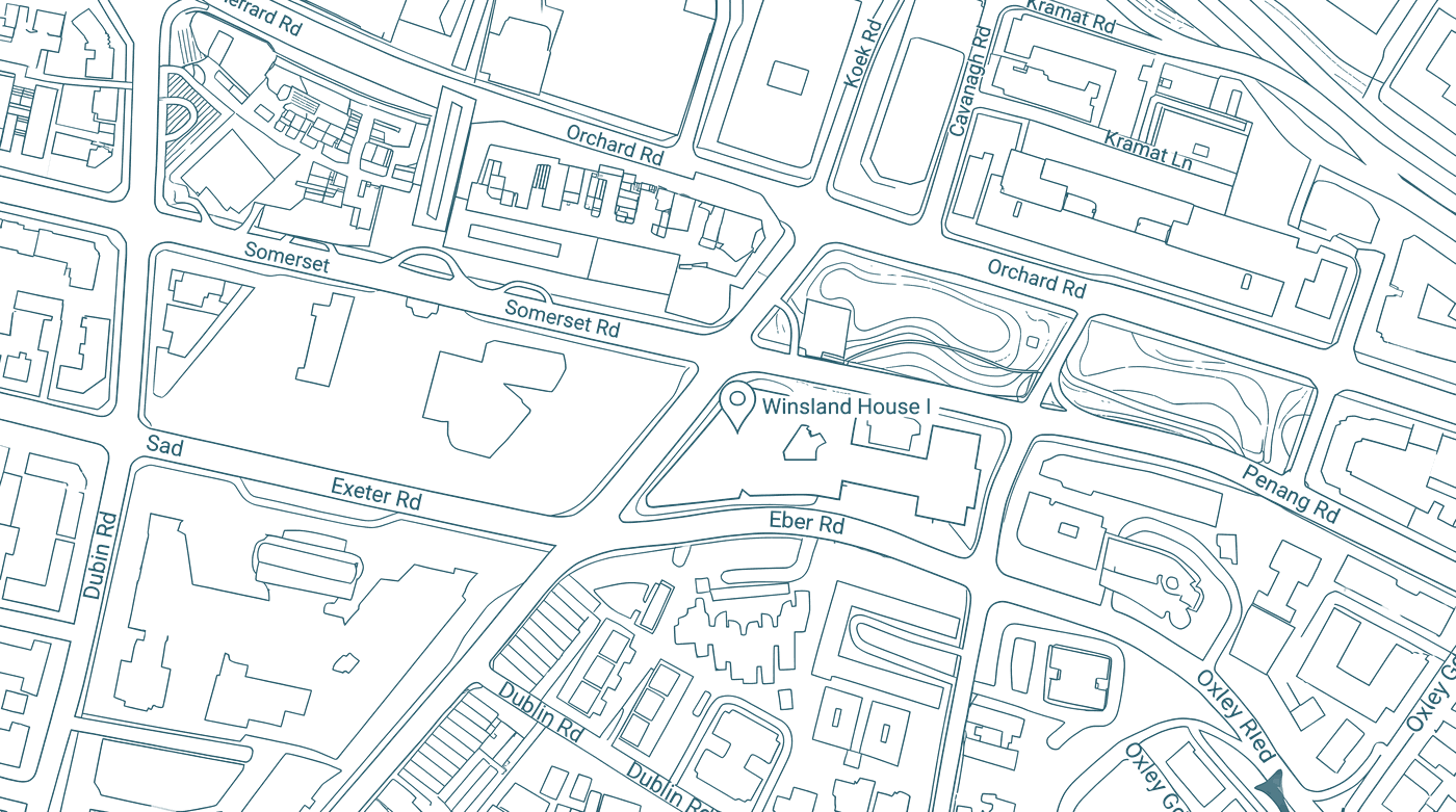 Street map showing the location of Winsland House 1 off Orchard Road, near Killiney Road and Somerset, Singapore.